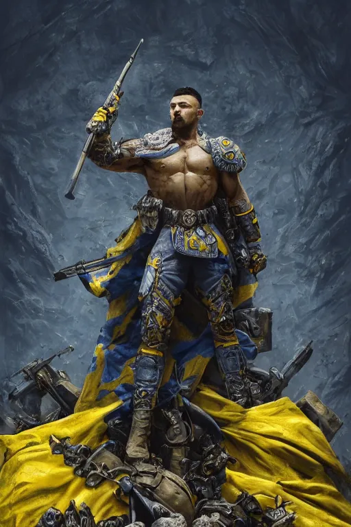 Prompt: a distant shot from behind of a Ukrainian super soldier with blue and yellow flag behind him standing alone on a huge pile of skulls as a winner, masculine muscular figure, D&D, fantasy, intricate, elegant, highly detailed, extremely detailed, rim lighting, octane render, 8k, digital painting, artstation, concept art, matte, sharp focus, symmetrical, illustration, art by Artgerm and Greg Rutkowski and Alphonse Mucha