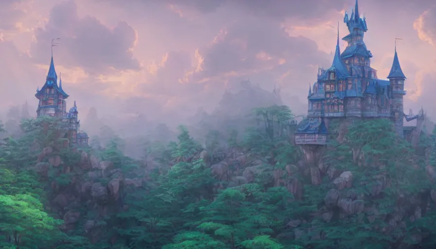 Prompt: A highly detailed matte painting of a large castle in magical forest by Studio Ghibli, Makoto Shinkai, by Artgerm, by beeple, volumetric lighting, octane render, 4K resolution, trending on artstation