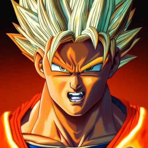 Image similar to Portrait of Super Saiyan Goku wearing, dark orange background , intricate, elegant, highly detailed, digital painting, artstation, concept art, smooth, sharp focus, illustration, art by artgerm and greg rutkowski and alphonse mucha