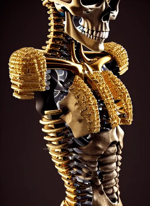 Prompt: a stunning young female cyborg - skull ribs made of gold, gemstones, diamonds, unreal engine, glamor shot, nikon d 7 5 0, closeup, f / 2. 8, low contrast, 1 6 k, rim lighting, optical fiber, cinematic lighting, insanely detailed and intricate, hypermaximalist, elegant, ornate, hyper realistic,