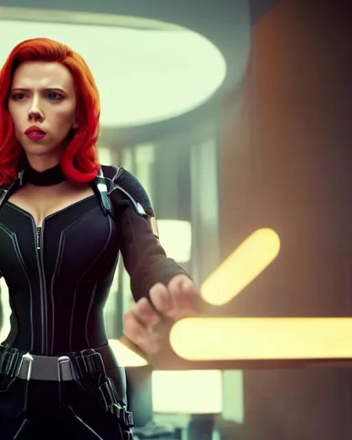 Image similar to film still of beautiful scarlett johansson wearing a fat costume as black widow from 2 0 1 2's the avengers, cinematic lighting, octane render, backlit, rim lighting, 8 k resolution