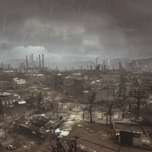 Image similar to view out of a window, fallout city and radioactive rain, with a oppressive mood