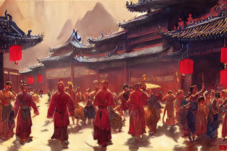 Image similar to tang dynasty city, painting by gaston bussiere, craig mullins, j. c. leyendecker, tom of finland