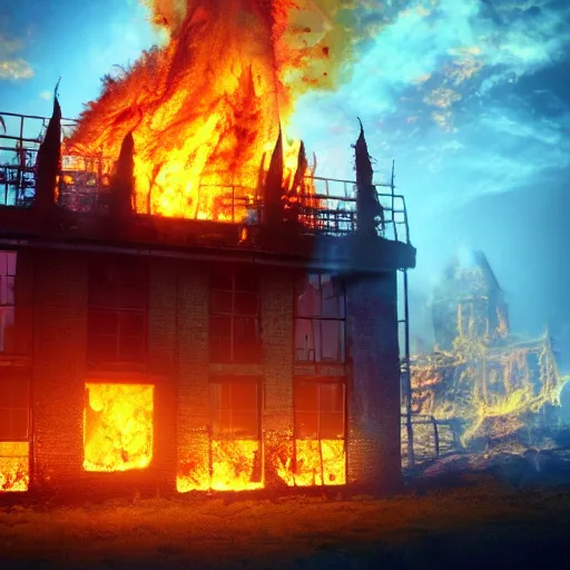 Prompt: a burning building, fantasy, yellow fire, colorful, 8 k resolution