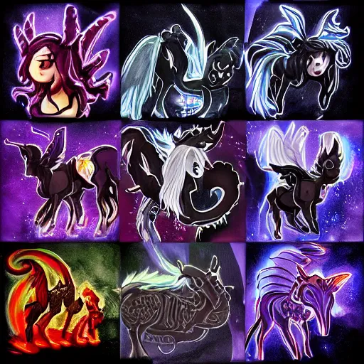 Image similar to ancient dark occult cult summon pony demon, dark cave, bright flashes, horror, cinematic