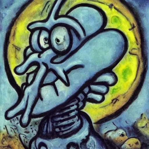 Prompt: squidward as a dark souls boss by Marc Chagall