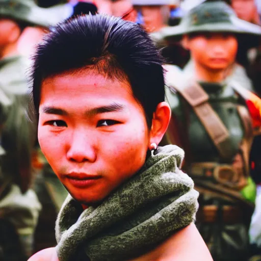 Prompt: a ultra high resolution close - up of a beautiful young thai warlord standing in crowd of battlefield, looking down at the camera. his face is partially obscured by a red scarf, and she has a smiling expression. the light is dim, and the colours are muted. kodak etkar 1 0 0