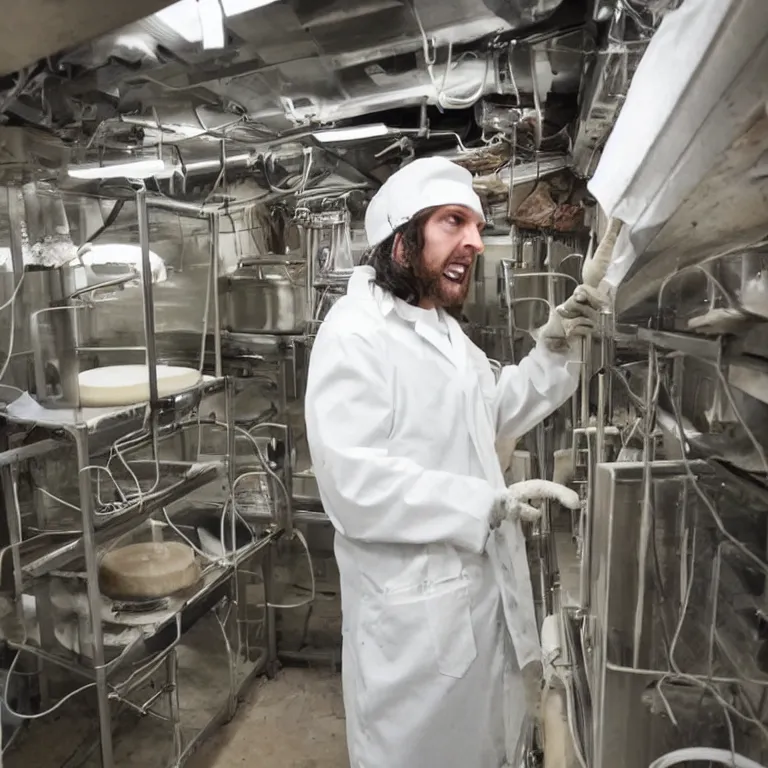 Image similar to a rat mad scientist creating the ultimate cheese in his underground lab