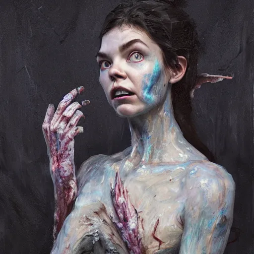 Image similar to expressive oil painting, alien dark fae woman based on jennifer connelly mixed with anya taylor - joy, screaming rage, bumpy mottled skin, big black feathered wings instead of arms, body horror, by yoshitaka amano, by greg rutkowski, by jeremy lipkinng, by artgerm, digital art, octane render