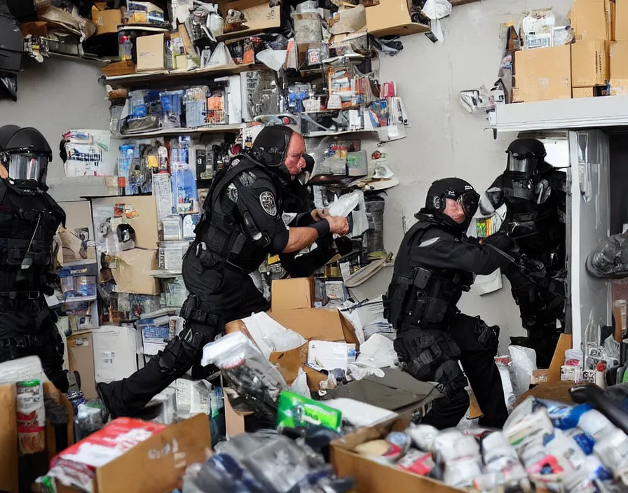 Image similar to Alex Jones in his garage office, surrounded by boxes of herbal supplements and trash, a group of SWAT police kicking in the door, tear gas and smoke, detailed photograph high quality