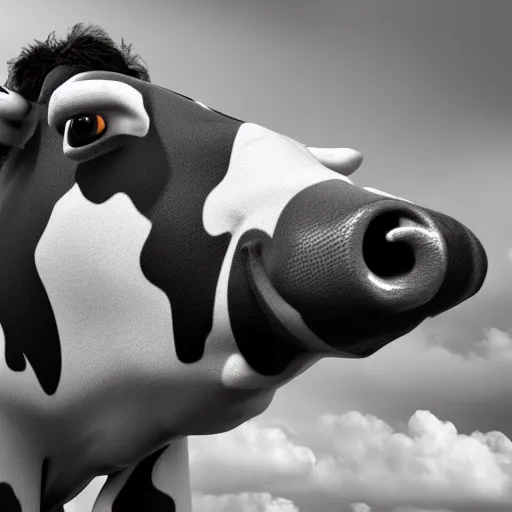 Image similar to a highly detailed ultra realistic photograph of a cow dressed in a male airplane pilot suit