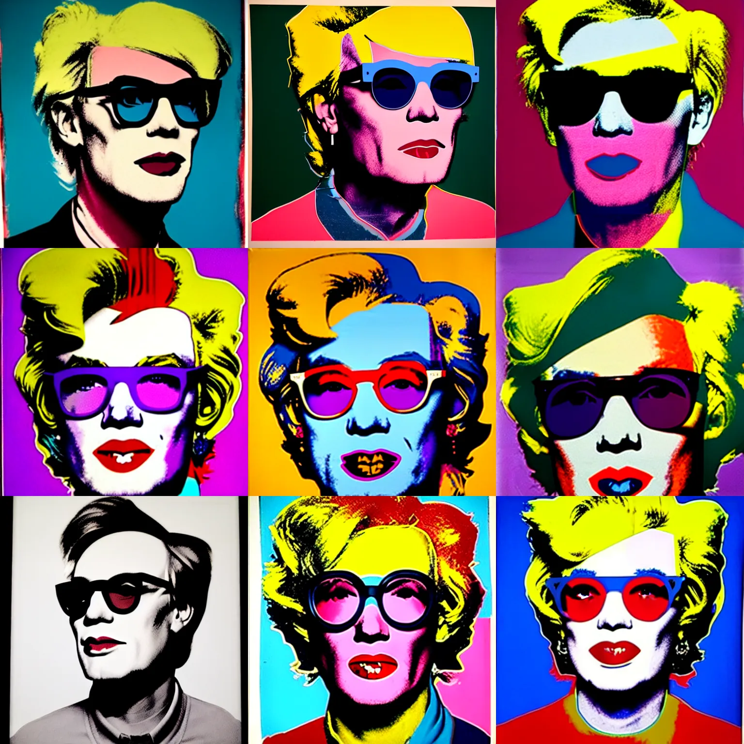 Prompt: colour portrait of andy warhol aged 40 saying \'wow\'. andy\'s shoulders are in the frame. andy looks sternly straight into the camera and wears designer sun glasses. painting in the style of andy warhol