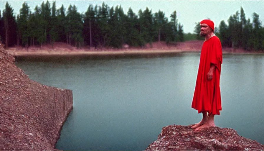 Prompt: 1 9 6 0 s movie still by tarkovsky of socrates in red lake, cinestill 8 0 0 t 3 5 mm, high quality, heavy grain, high detail, panoramic, cinematic composition, dramatic light, ultra wide lens, anamorphic