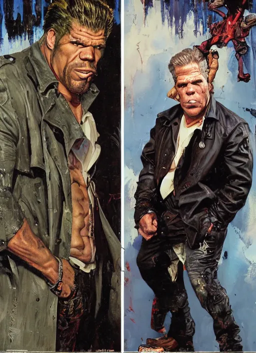 Image similar to full body and head portrait of huge ron perlman rich piana hybrid in tattered suit and trench coat, dynamic action, painted by norman rockwell and phil hale and greg staples and tom lovell and frank schoonover and jack kirby