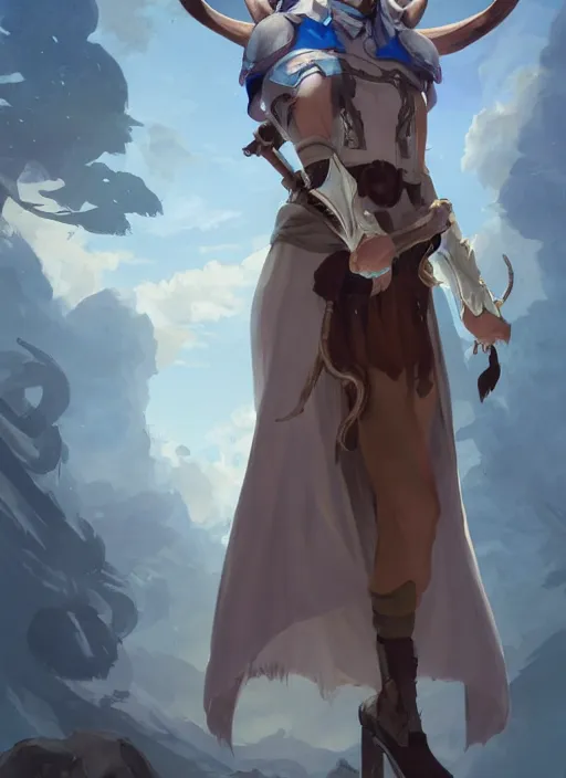 Image similar to concept art painting of a fully clothed person with brown skin and short white hair, demon horns, deer ears, blue tunic and robes, detailed, d & d style, cel shaded, in the style of ruan jia and artgerm and makoto shinkai and james gurney