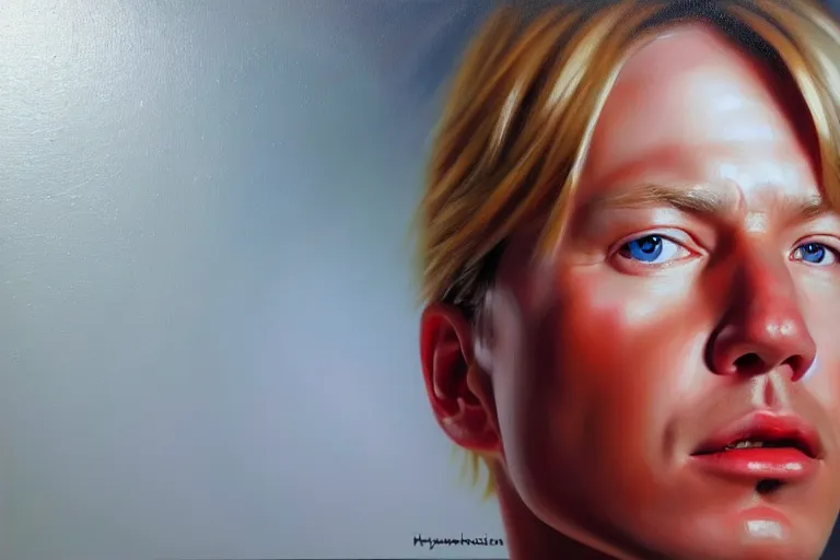 Image similar to ( ( a beautiful 8 k photorealistic masterpiece oil painting ) ( of ( shy mika hakkinen ) ( finnish painting ) ) ( hyperrealism ) ( 1 6 k ) ( trending on artstation )