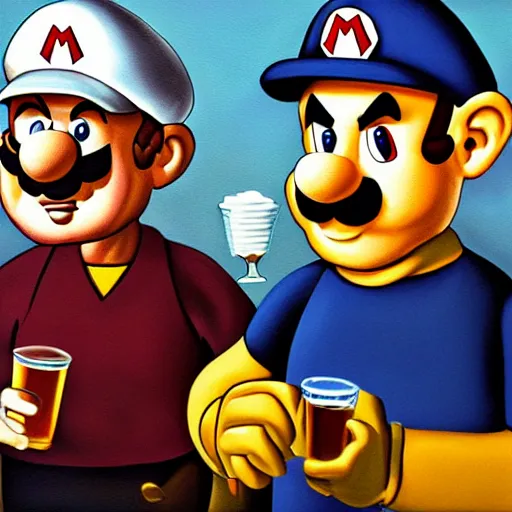 Prompt: mario, walter white, and obama sharing a brew together, oil painting