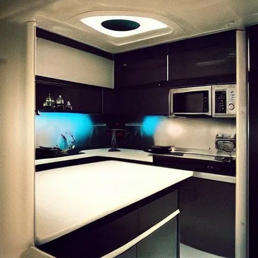 Image similar to “candid photography depicting life aboard a sci-fi spaceship. Kitchen, and common areas. Cozy lighting. Photo taken in the style of a French film”