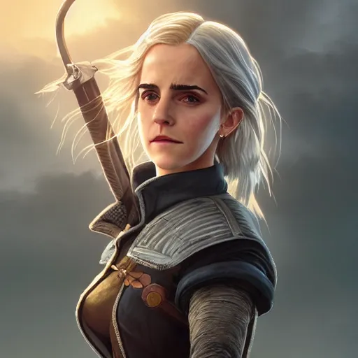 Image similar to a detailed matte portrait of emma watson dressed at ciri from the witcher, scar over green eye, long white hair, art by dan mumford and yusuke murata and makoto shinkai and ross tran, cosmic, heavenly, god rays, intricate detail, cinematic, 8 k, cel shaded, unreal engine, featured on artstation, pixiv