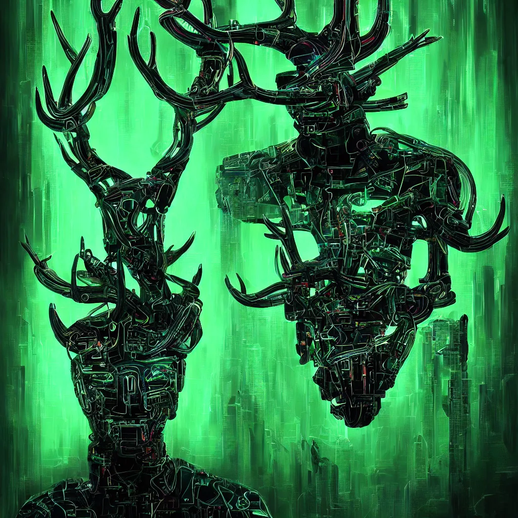 Image similar to poster style, a beautiful and terrifying painting with high details a digital portrait of cyber god of hunting with robotic deer head in style of green neon, cyber noir, movie atmosphere, movie lights, 8 k, light effect, rtx on, trending on artstation, by kilian eng, lee madgwick, bastien lecouffe - deharme