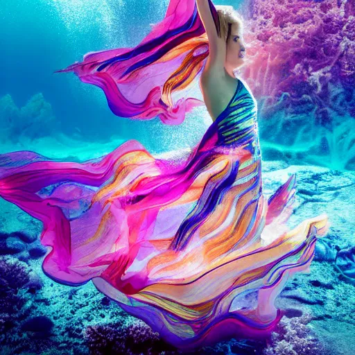 Image similar to woman dancing underwater wearing a flowing dress made of blue, magenta, and yellow seaweed, delicate coral sea bottom, swirling silver fish, swirling smoke shapes, octane render, caustics lighting from above, cinematic, hyperdetailed