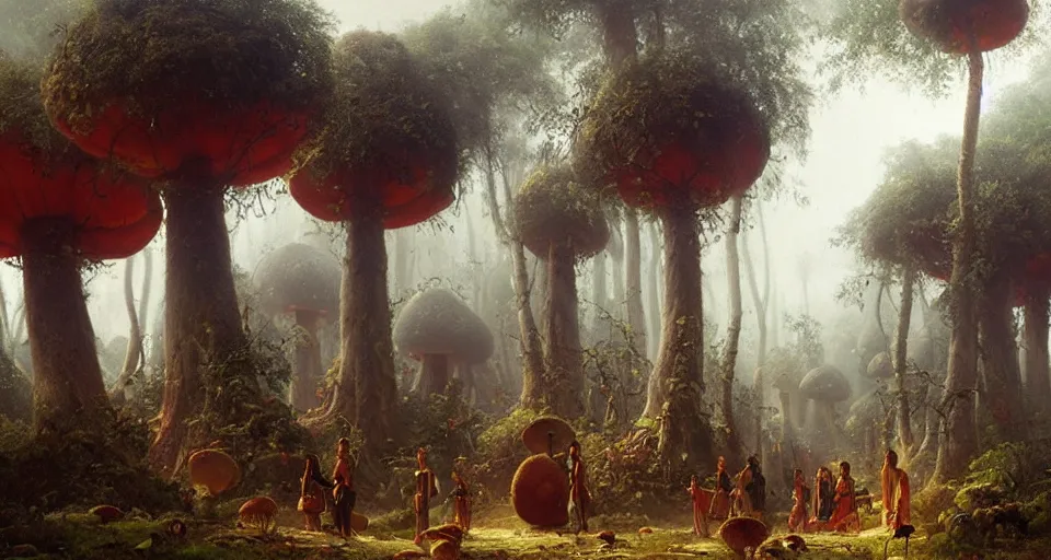 Image similar to A tribal village in a forest of giant mushrooms, by Ivan Aïvazovski,