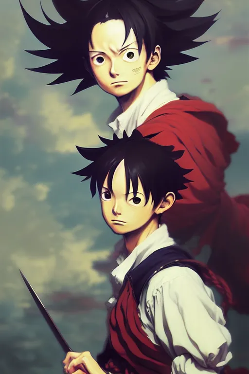 Image similar to baroque oil painting full body portrait character concept art, anime key visual of luffy studio lit directed gaze, trending on pixiv fanbox, painted by greg rutkowski makoto shinkai takashi takeuchi studio ghibli