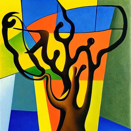 Image similar to Cubism painting of a tree, masterpiece, in the style of Salvador Dalí