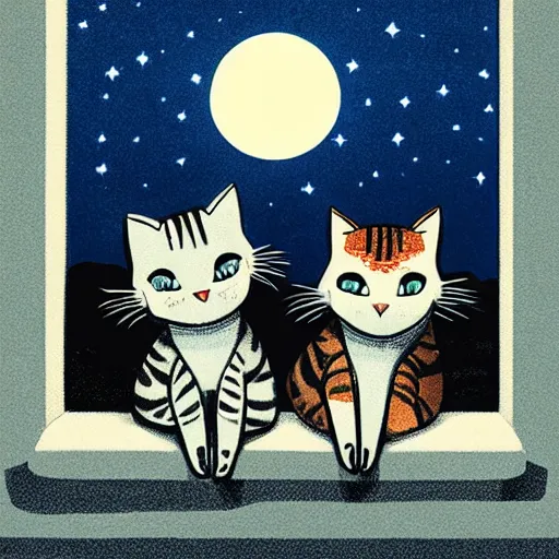 Image similar to two cats curled up with each other on a rooftop under a bright moon light, in the style of ilya kuvshinov