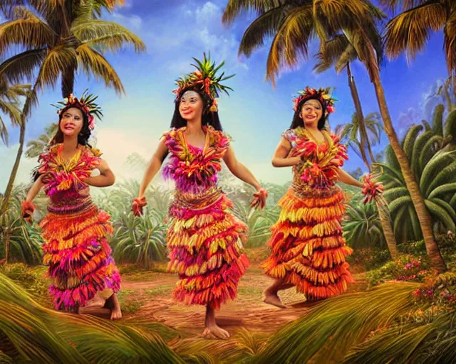 Prompt: highly detailed matte painting of beautiful dancing hawaiian girls wearing traditional island dresses with flowers, palm trees by android jones