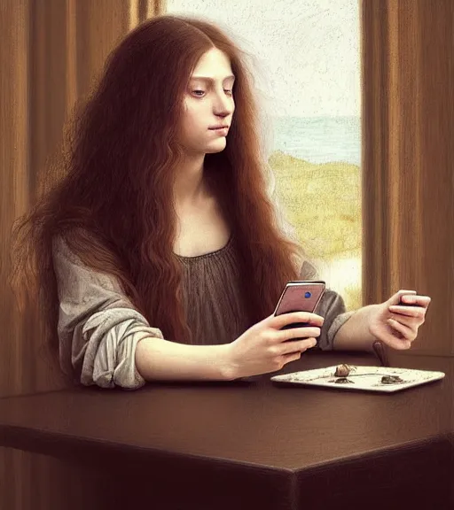 Image similar to portrait of a long - haired woman with a cellphone browsing reddit. com on her phone sitting upon a table with heightened detail, poised, intense emotion, detailed facial expression, detailed surroundings, intricate, elegant, highly detailed, centered, digital painting, artstation, concept art, smooth, sharp focus, illustration, by ( leonardo da vinci ), wlop