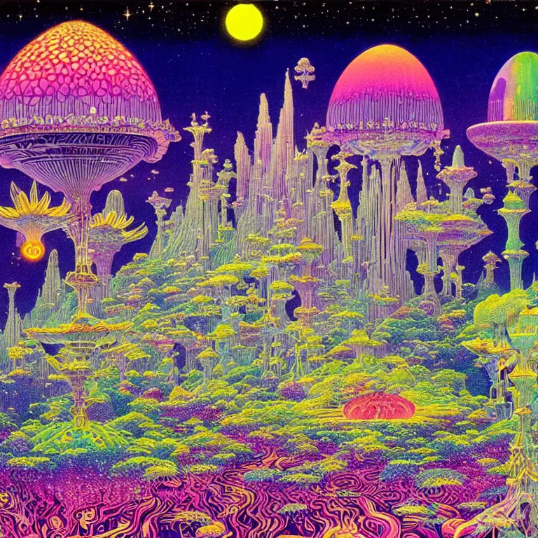 Image similar to mysterious ufo hovering over magical crystal temple, bright neon colors, highly detailed, cinematic, hiroo isono, tim white, philippe druillet, roger dean, lisa frank, aubrey beardsley, ernst haeckel