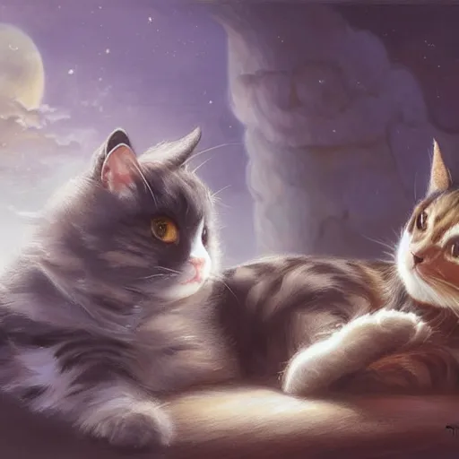 Prompt: a fat black and white male cat and a slim tortoiseshell female cat sleeping peacefully together in cat heaven, dreamy puffy clouds, painted by Tyler Edlin