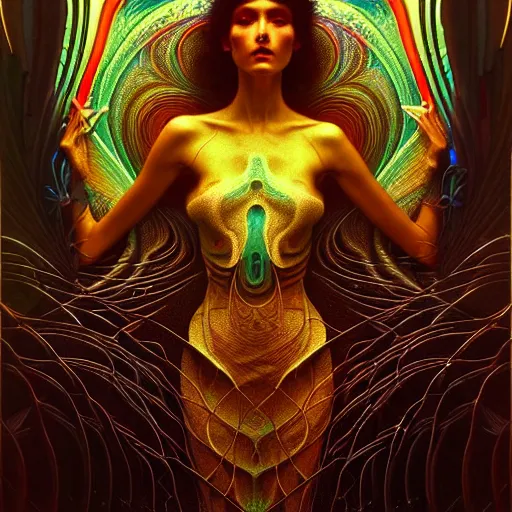 Image similar to extremely psychedelic beautiful brutalist organisms infected by night. intricate, elegant, highly detailed, extremely lifelike photorealistic digital painting, artstation. steichen, gaston bussiere, tom bagshaw, brutalist cyberpunk alphonse mucha. elegant minimalism. anatomically correct. sharp focus. gold with white accents. surreal lush cosmic hallucination