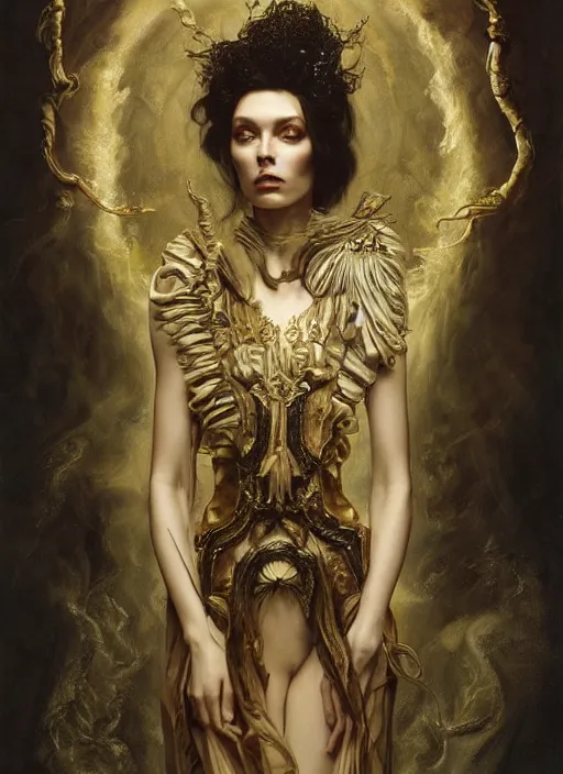 Image similar to highly detailed oil painting | very intricate | cinematic lighting | award - winning | witch pythoness fashion by alexander mcqueen | by roberto ferri, by tom bagshaw, by j. c. leyendecker and klimt, american romanticism, by austin osman spare, artstation, cgsociety, official art, octane
