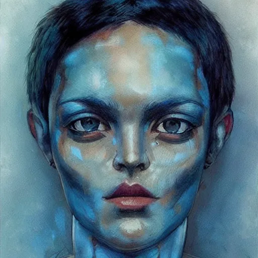 Image similar to intricate portrait, pure skin, short blue hair, enki bilal!