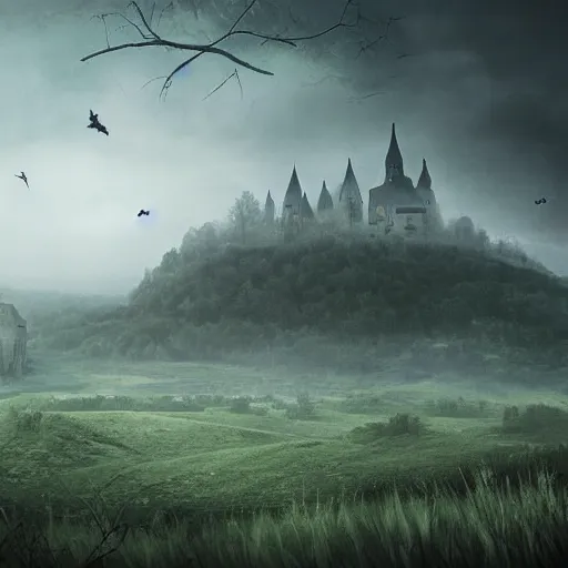 Image similar to Eerie landscape of a village surrounded by a dense forest and a distant castle that sits atop a hill, landscape, gloomy, dark fantasy