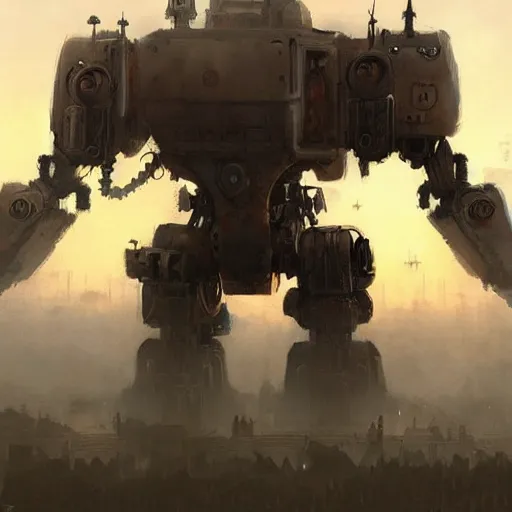 Image similar to gigantic steampunk mecha walking, dense fog,, sunset, trending on artstation, jakub rozalski