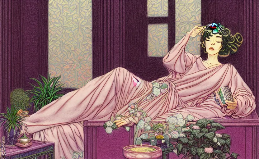 Image similar to a pastel drawing of a woman wizard, ornate clothing, lounging on a purpur pillow on the marbled checkered floor in her study room reading an ancient tome. to the side is a potted plant, moody candlelit raytracing. ancient scifi fantasy setting. detailed face, sharp focus. by chie yoshii and charles vess