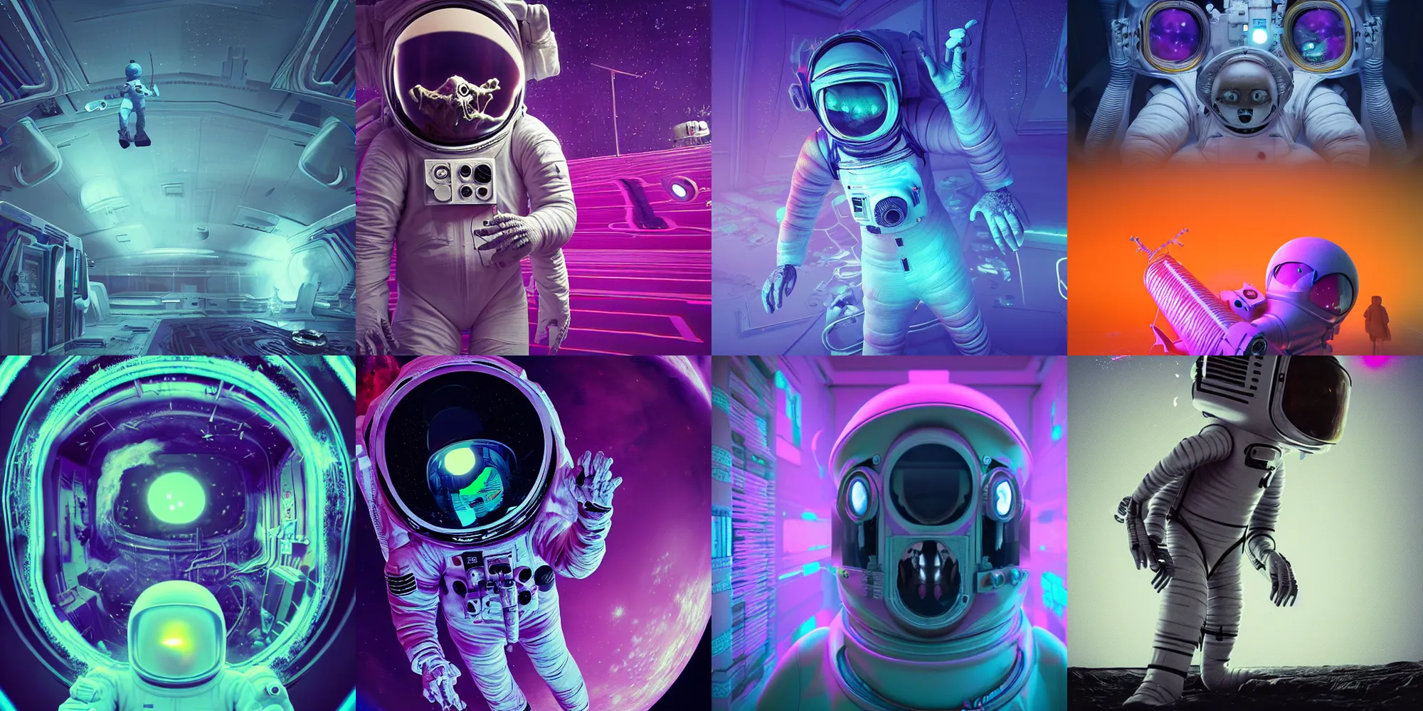 Prompt: scary astronaut, cosmic horror, abstract, ghostly, arcade, duotone, poltergeist, lets get weird, intricate, elegant, highly detailed, smooth, sharp focus, unreal engine 5, raytracing, in the style of beeple and mike winkelmann, ultraviolet colors,