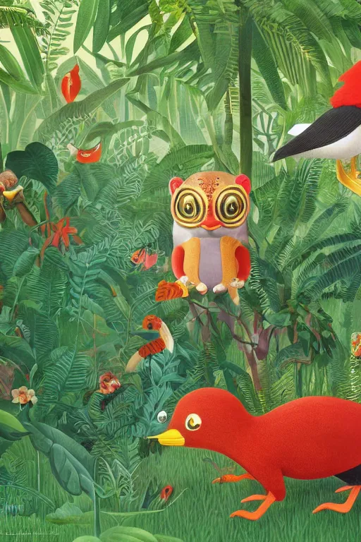 Image similar to rare bird in the jungle, highly detailed, unreal engine render concept art, style of henri rousseau and richard scarry and hiroshi yoshida