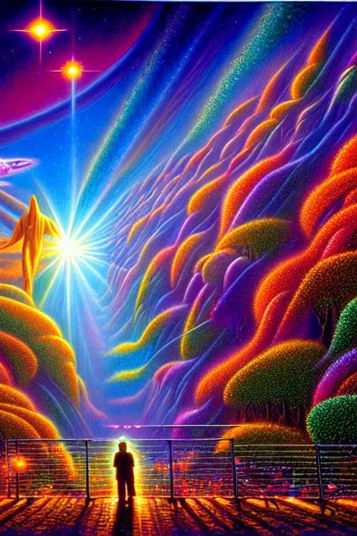 Prompt: a photorealistic detailed image of a beautiful vibrant iridescent future for human evolution, spiritual science, divinity, utopian, visionary, symphony of bliss, by david a. hardy, kinkade, lisa frank, wpa, public works mural, socialist