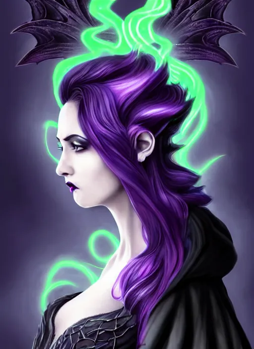 Image similar to side portrait dark queen, witch outfit large cloak, fantasy forest landscape, dragon scales, fantasy magic, undercut hairstyle, short purple black fade hair!!!!!!, dark light night, intricate, elegant, sharp focus, illustration, highly detailed!!!!!!!, digital painting, concept art, green neon smoke, matte painting, art by WLOP and Artgerm and Greg Rutkowski and Alphonse Mucha, masterpiece