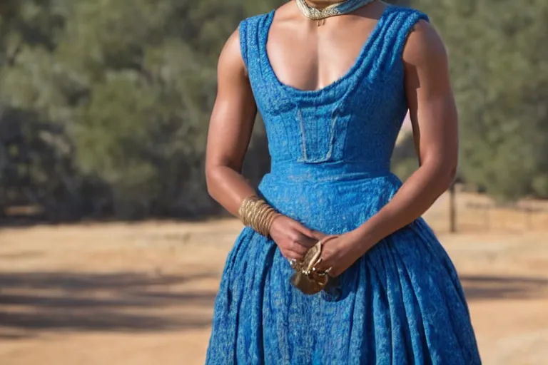 Prompt: portrait of tessa thompson wearing a blue dress on an old west plantation in westworld