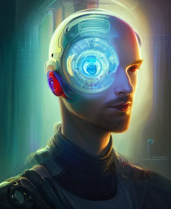 Image similar to a whirlwind inside the metaverse, guy, male, man, hologram, half body, neurochip, android, cyborg, cyberpunk face, by loish, d & d, fantasy, intricate, elegant, highly detailed, colorful, digital painting, artstation, concept art, art by artgerm and greg rutkowski and alphonse mucha