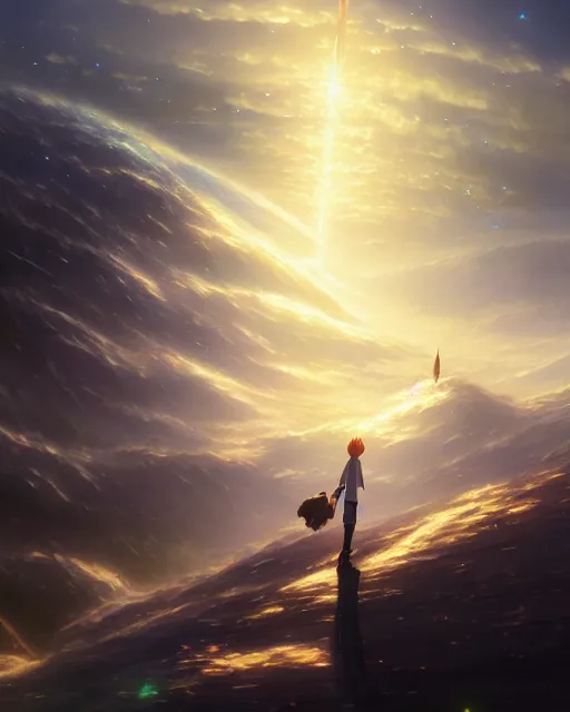 Image similar to makoto shinkai concept art of descending quran from the nebula cloud, key visual, ambient lighting, highly detailed, digital painting, artstation, concept art, sharp focus, by makoto shinkai and akihiko yoshida and hidari and wlop and greg rutkowski