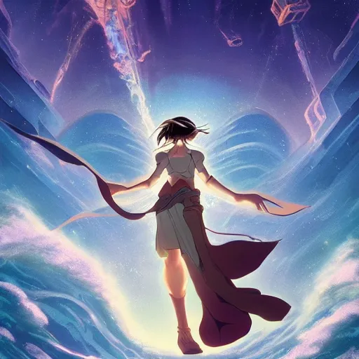 Prompt: treasure planet, riven, myst, a cyborg angel floating above the ocean, huge waves, clouds, stars, beautiful lighting, vivid colors, intricate, elegant, smooth, concept art, cinematic, unreal engine, wallpaper, by syd mead, terada katsuya, atey ghailan, svetlin velinov, makoto shinkai art style