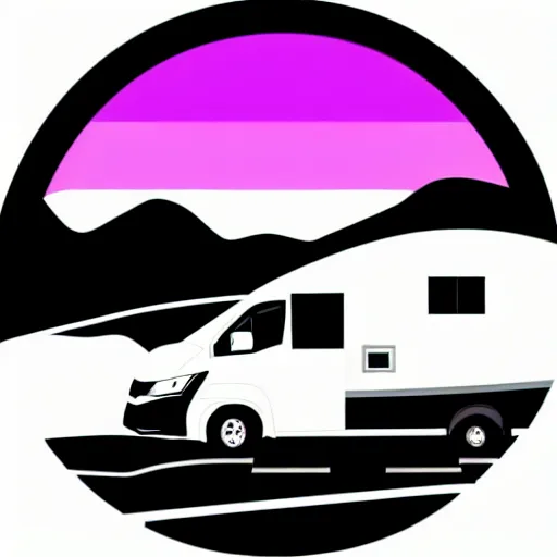 Image similar to very very very minimal vector graphic of a white and black thor chateau motorhome, color highway, mountains and sunset!!, all enclosed in a circle, white background, dramatic, professional minimal graphic design cartoon, award winning