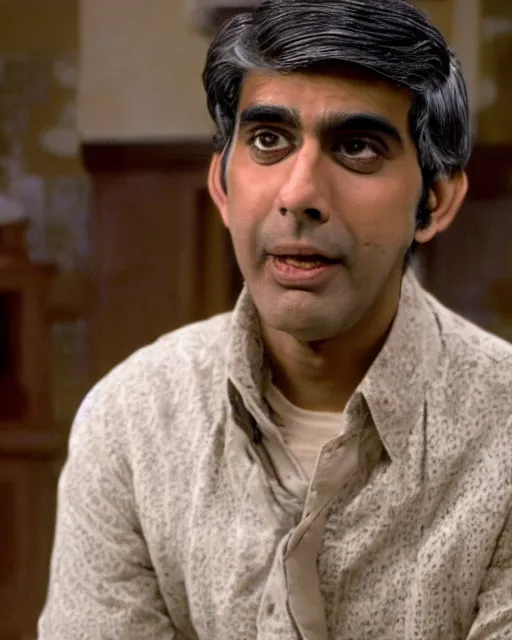 Image similar to film still close - up shot of rishi sunak from the movie monty python's the meaning of life. photographic, photography