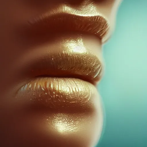 Image similar to extreme macro close up of beautiful female lips kissing large shiny bullet, hi - fructose, decadent highly - detailed digital painting, golden ratio, octane render, artstation, cinematic composition, smooth, sharp focus